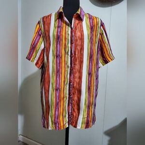 Stunt 100% Silk Striped Button Front Blouse L Artsy Boho India Statement Resort